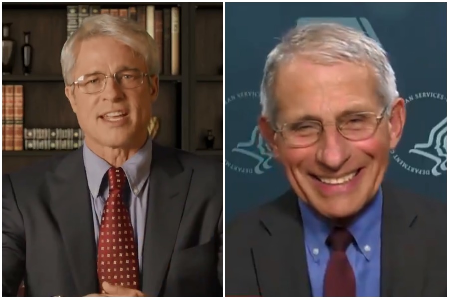 布萊德彼特在《週六夜現場》模仿白宮抗疫專家安東尼佛奇博士。（翻攝自Saturday Night Live推特／New Day推特）