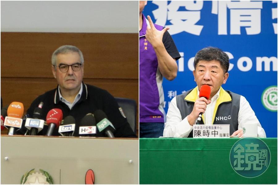 義大利民防總署長波瑞里(左圖)和台灣指揮官陳時中(右圖)一樣,每天傍晚固定舉行疫情直播記者會。(左圖翻攝自flickr:Dipartimento Protezione Civile)