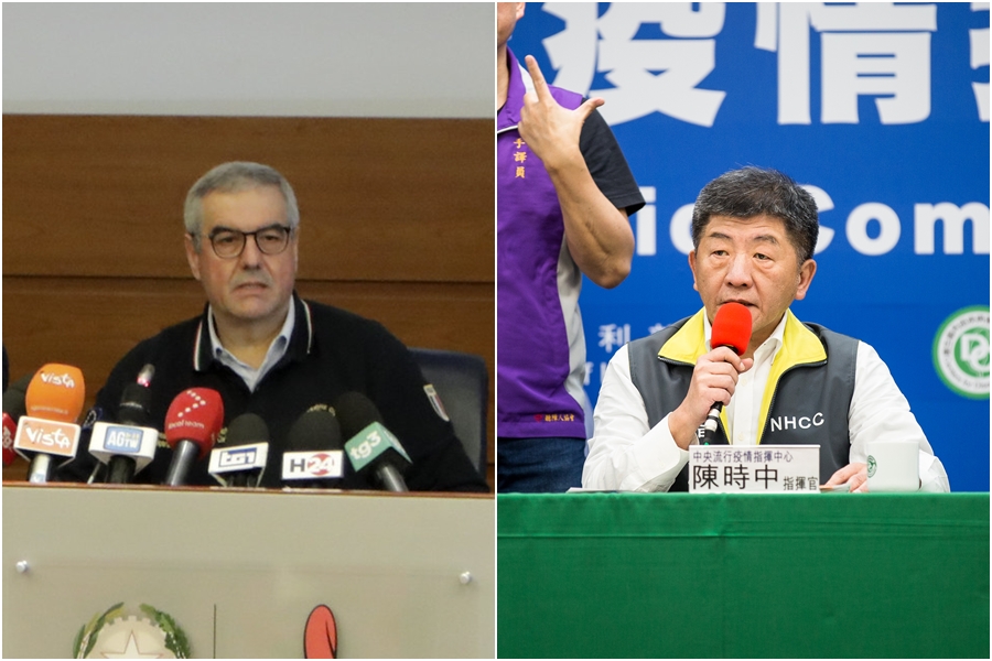 義大利民防總署長波瑞里（左圖）和台灣指揮官陳時中（右圖）一樣，每天傍晚固定舉行疫情直播記者會。（左圖翻攝自flickr：Dipartimento Protezione Civile）