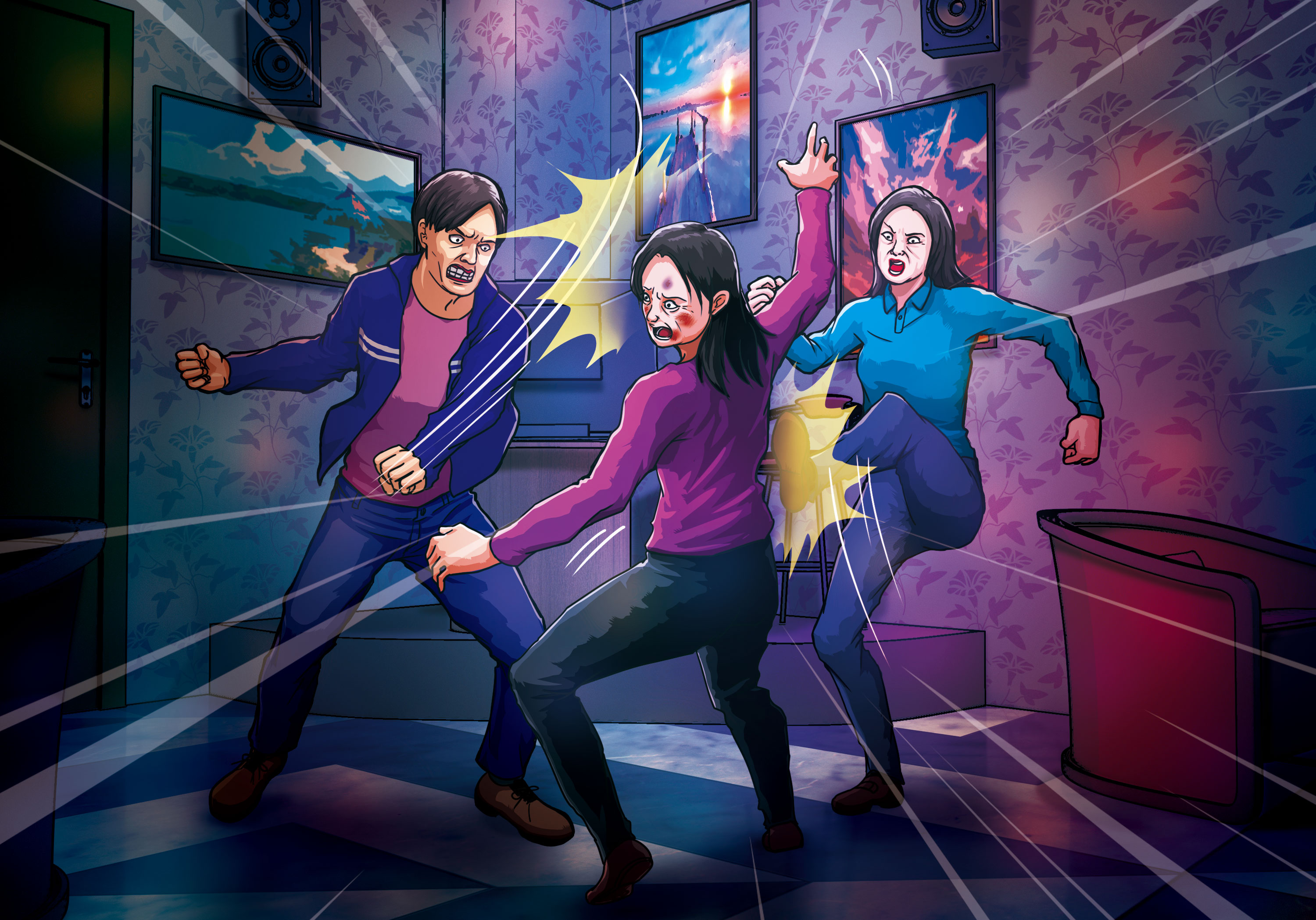 吳男（左）供稱不滿死者（中）反悔頂讓卡拉OK店，與熊女（右）聯手毆打死者。（圖為示意畫面）