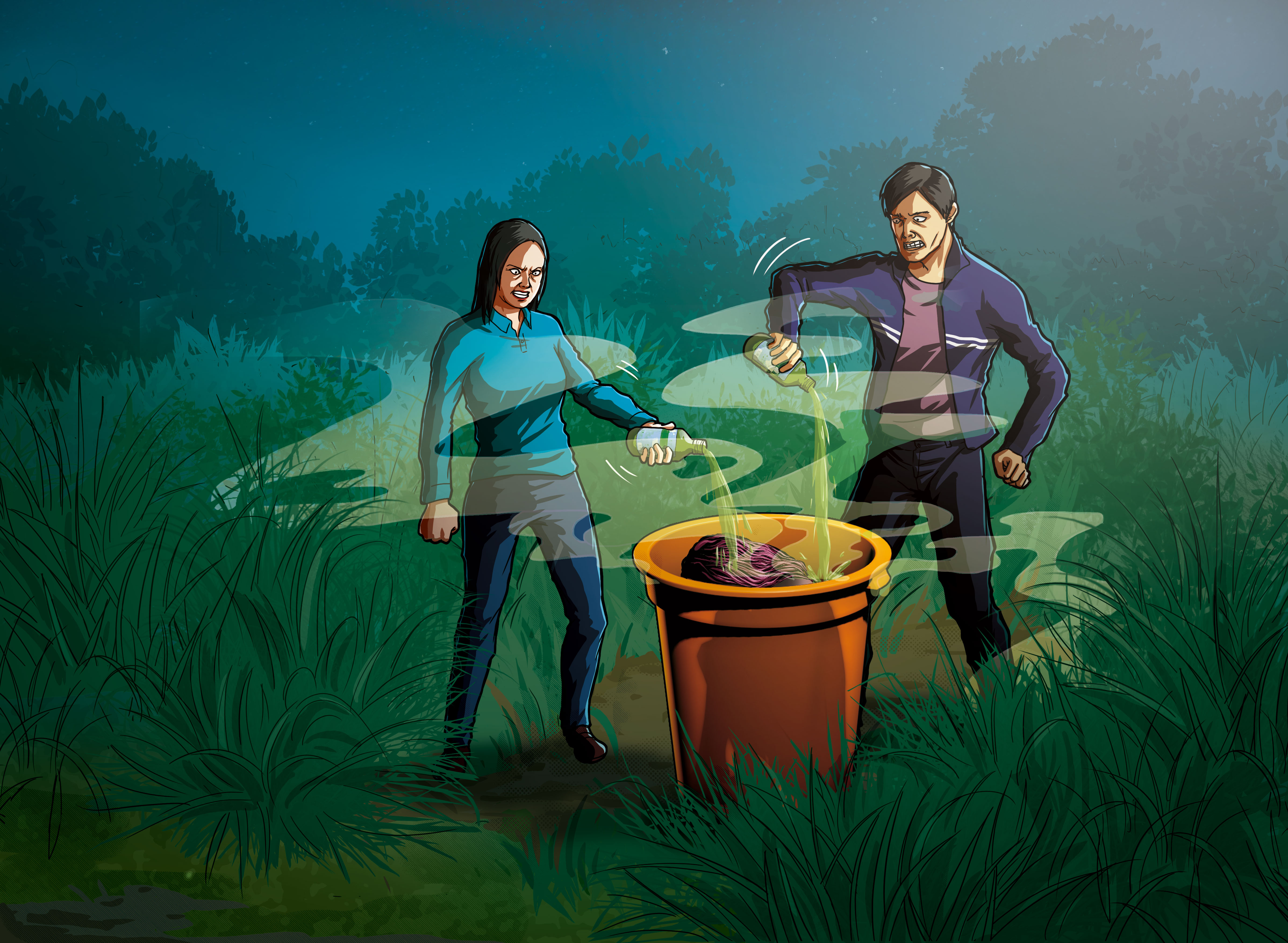 吳俊忠（右）及熊俐琪（左）將死者裝入大塑膠桶、倒入鹽酸，防止產生屍臭味。（圖為示意畫面）