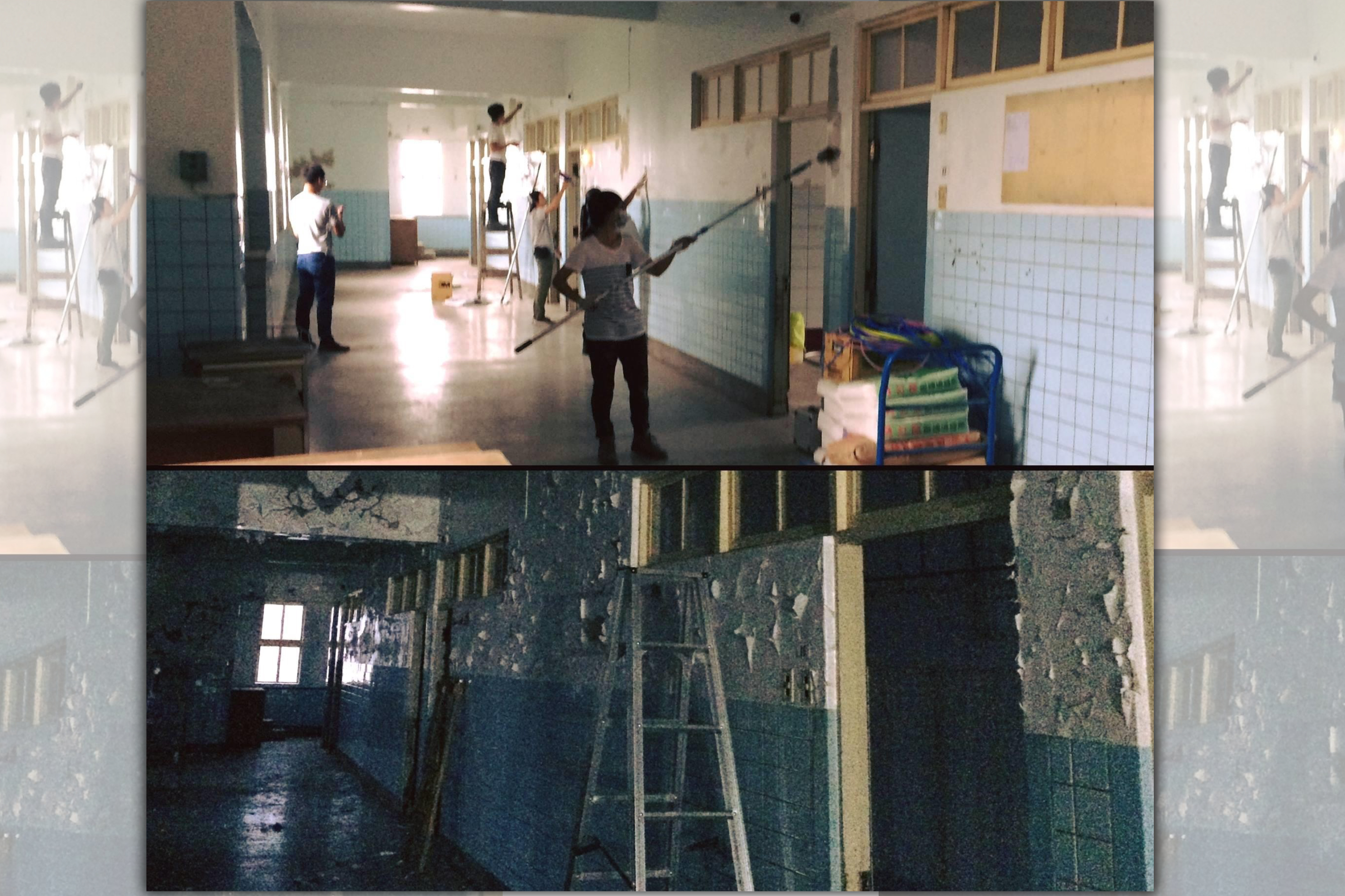 《紅衣小女孩2》醫院場景前（上）、後（下）對比，質感團隊以紙片製造牆面油漆剝落的廢棄氛圍。   （陳炫劭提供）