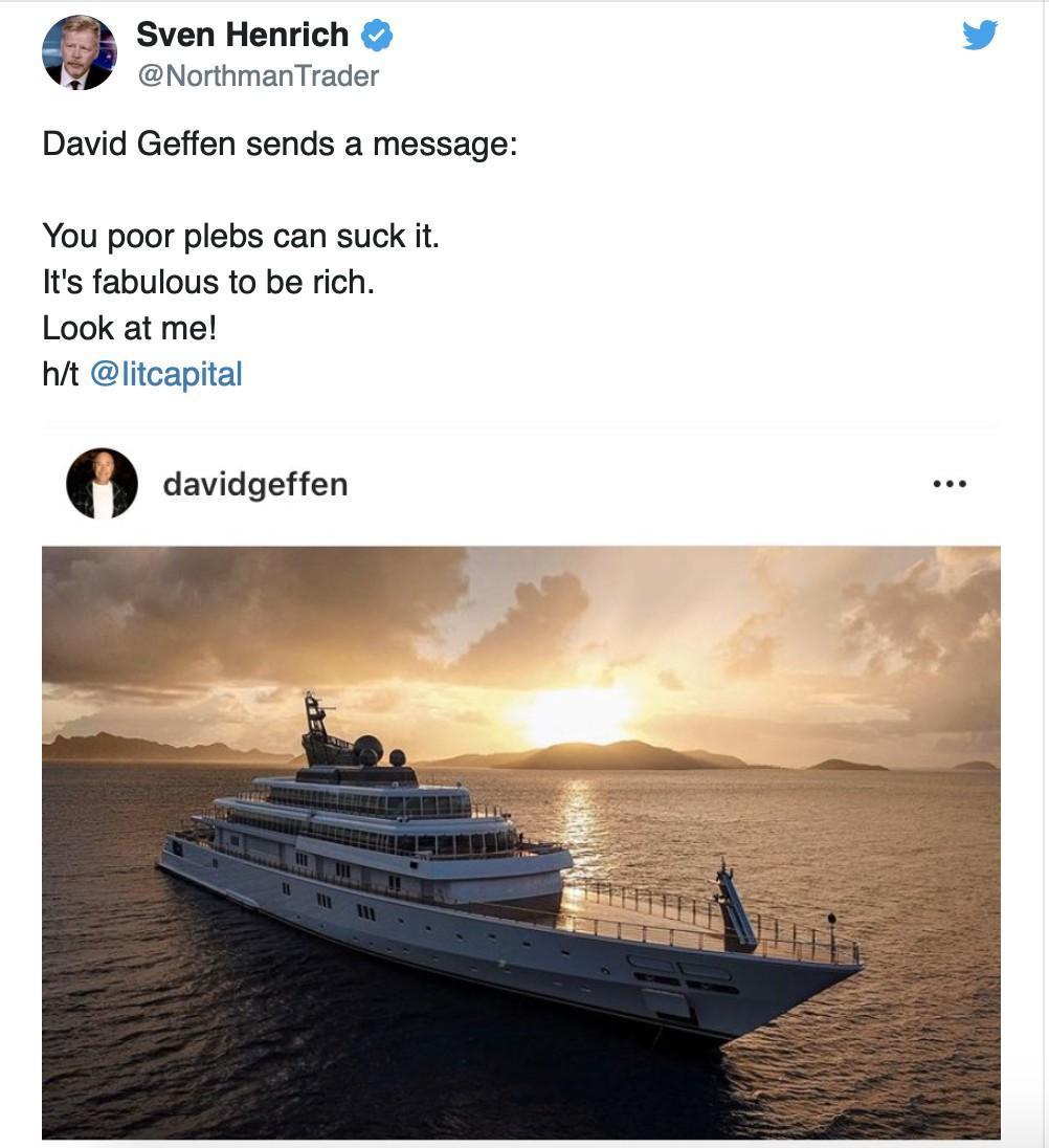 夢工廠創辦人大衛戈芬在Instagram上貼出他用無人機拍攝,在價值4億美金的遊艇「旭日號」上隔離的照片。