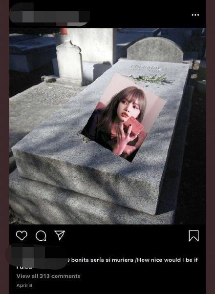 粉絲將LISA照片P在墓碑上,令人看得很不舒服。(網路圖片)
