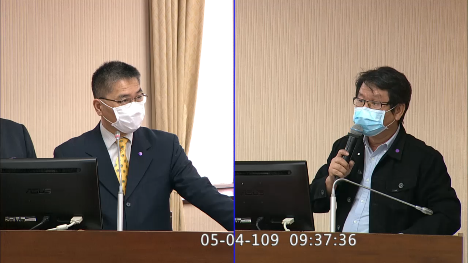民進黨立委沈發惠（右）今針對台北地下街消防安檢嚴重違規質詢內政部長徐國勇（左）。（翻攝立法院iVod系統）