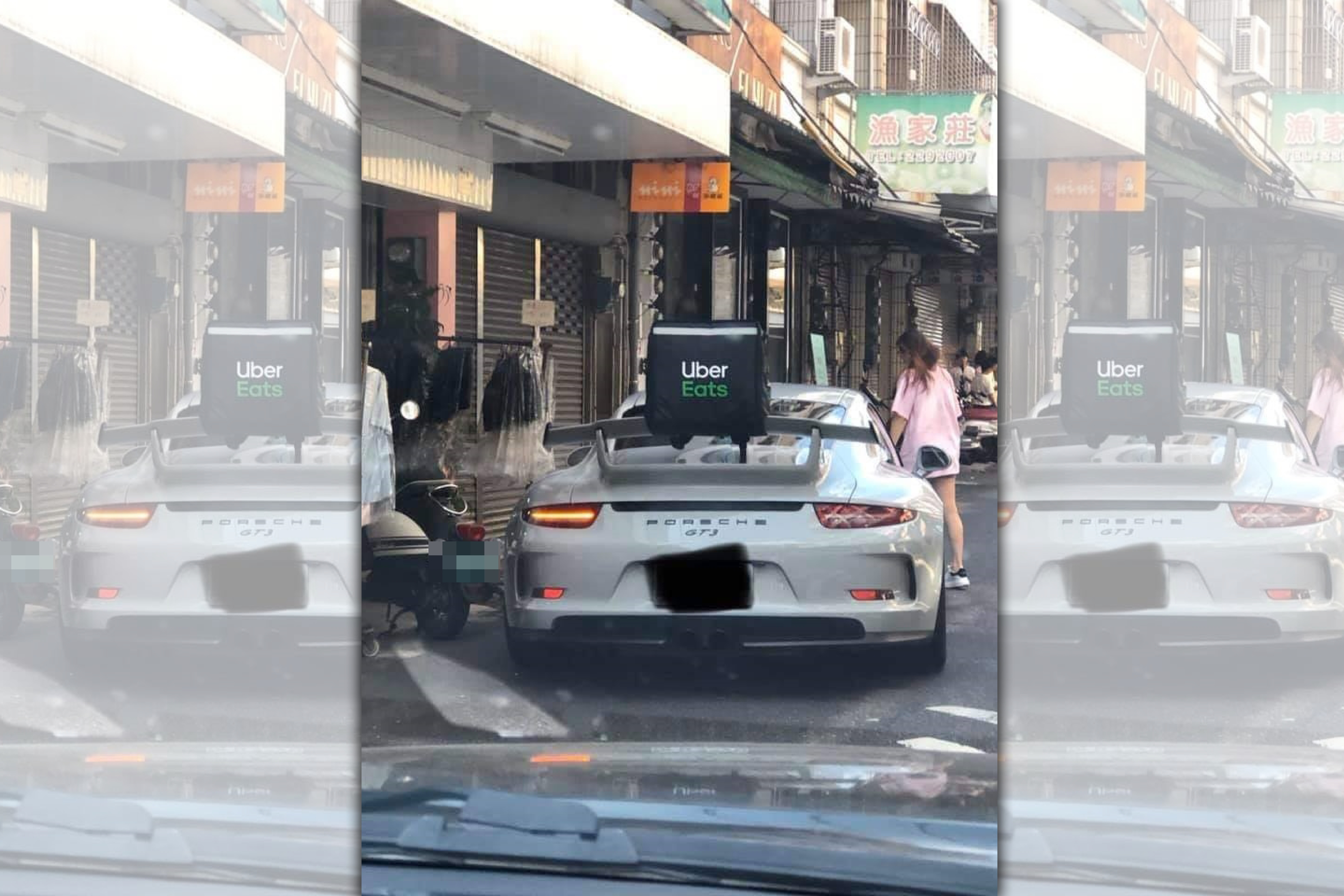 網友在臉書分享「保時捷Uber Eats」出沒在路上，立刻引起網友熱烈討論。（翻攝自爆廢公社）