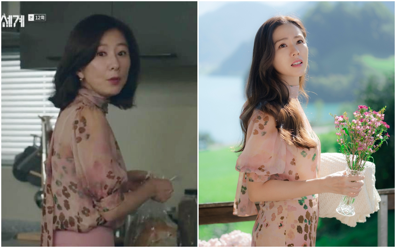 金喜愛（圖左）與孫藝珍穿上相同的Blumarine粉色印花雪紡上衣。（合成照片）