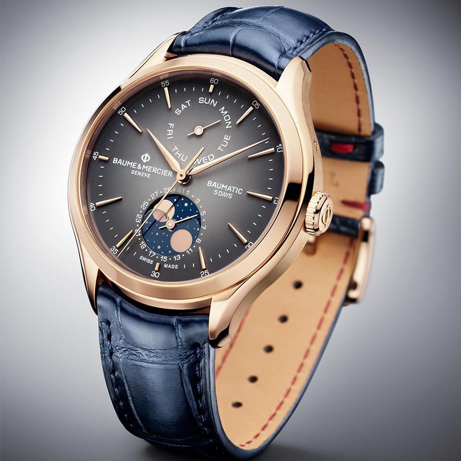 Baumatic星期日期月相腕錶｜18K玫瑰金材質／錶徑42mm／時間、日期、星期及月相指示／BM14自動上鏈機芯／防水50米／建議售價NT$ 378,000