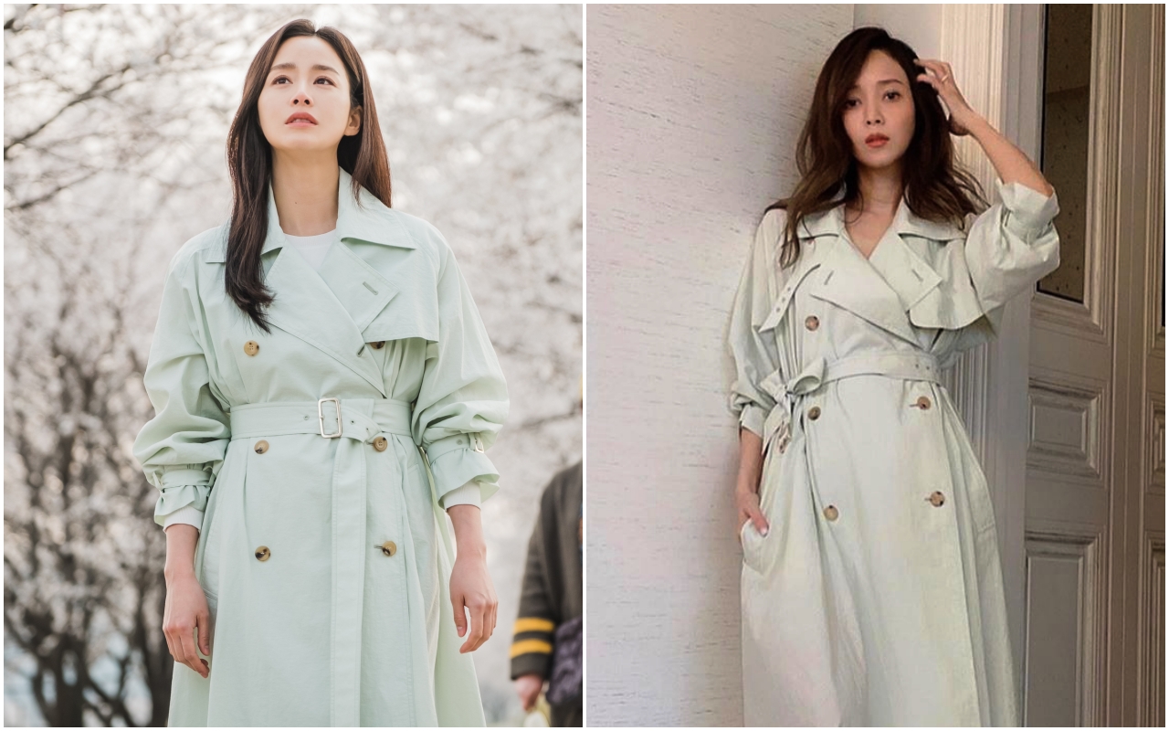金泰希（圖左）與侯佩岑穿上相同的Max Mara比斯開綠風衣洋裝，隔海撞衫。（翻攝照片）