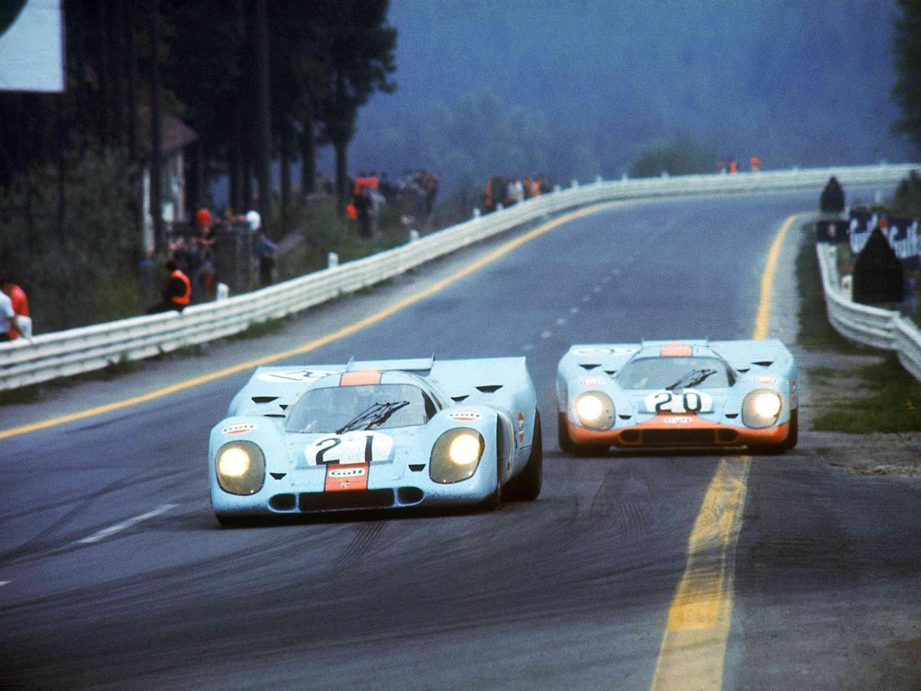 1971年Porsche 917 KH於斯帕-弗朗科爾尚賽道(Circuit de Spa-Francorchamps)的歷史照片。