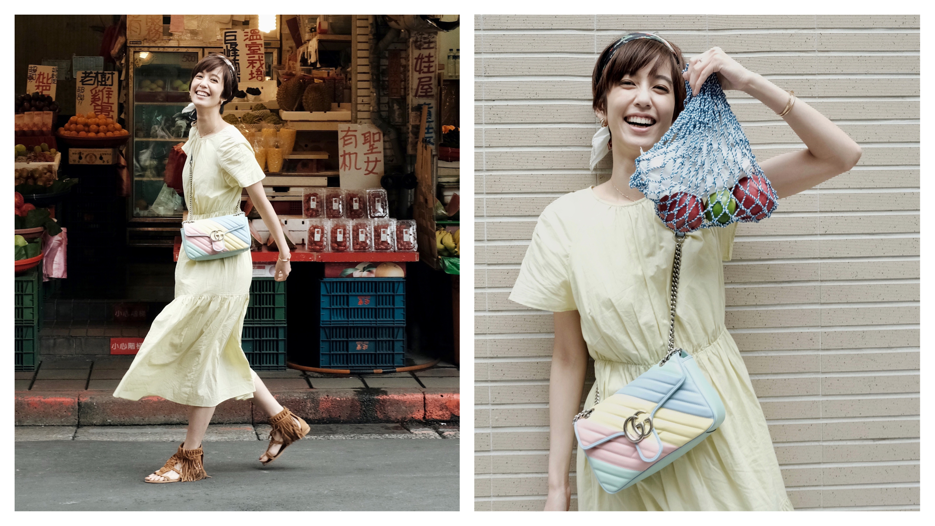 陳庭妮搶先背上全台首賣GG Marmont獨角獸系列肩背包，甜美清新令人眼睛為之一亮。GG Marmont獨角獸肩背包 NT$69,700 GUCCI（GUCCI提供）