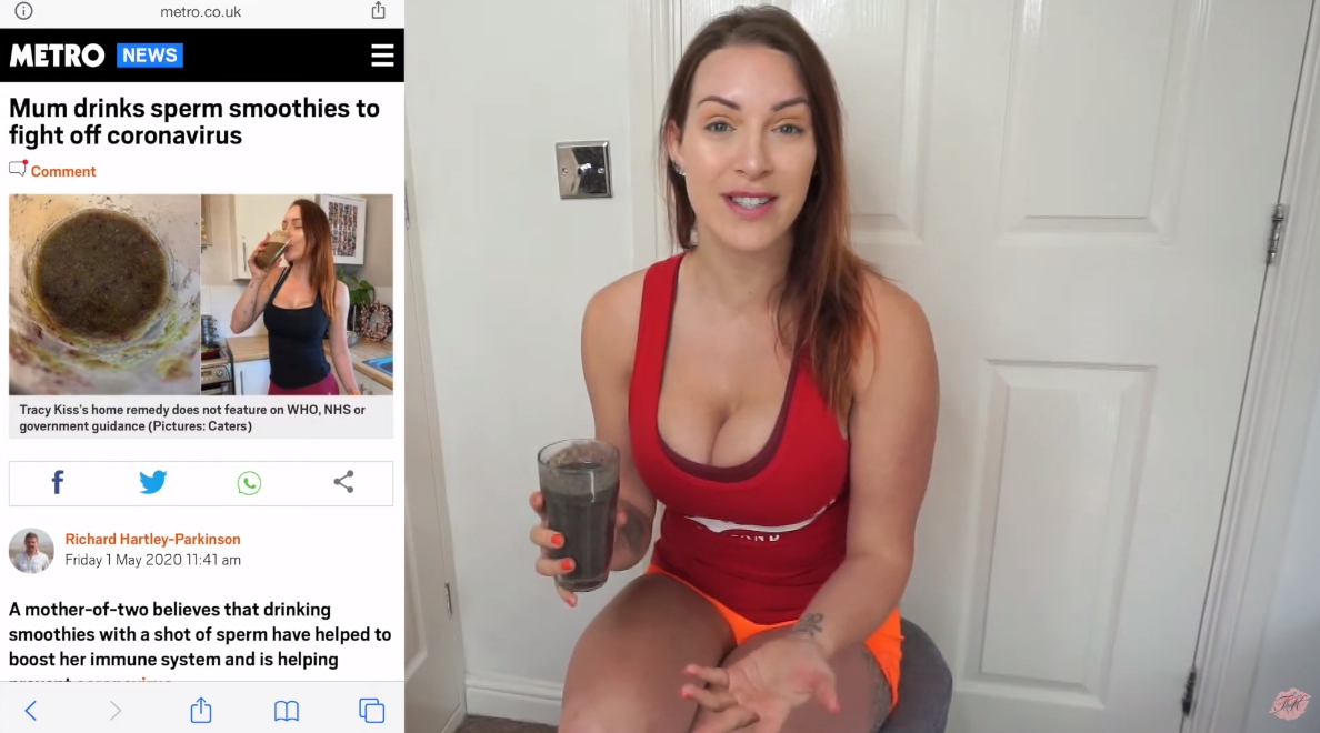 英國一名女子崔西奇斯聲稱，自己喝精液冰沙增加免疫力。（翻攝自Tracy Kiss YouTube頻道）