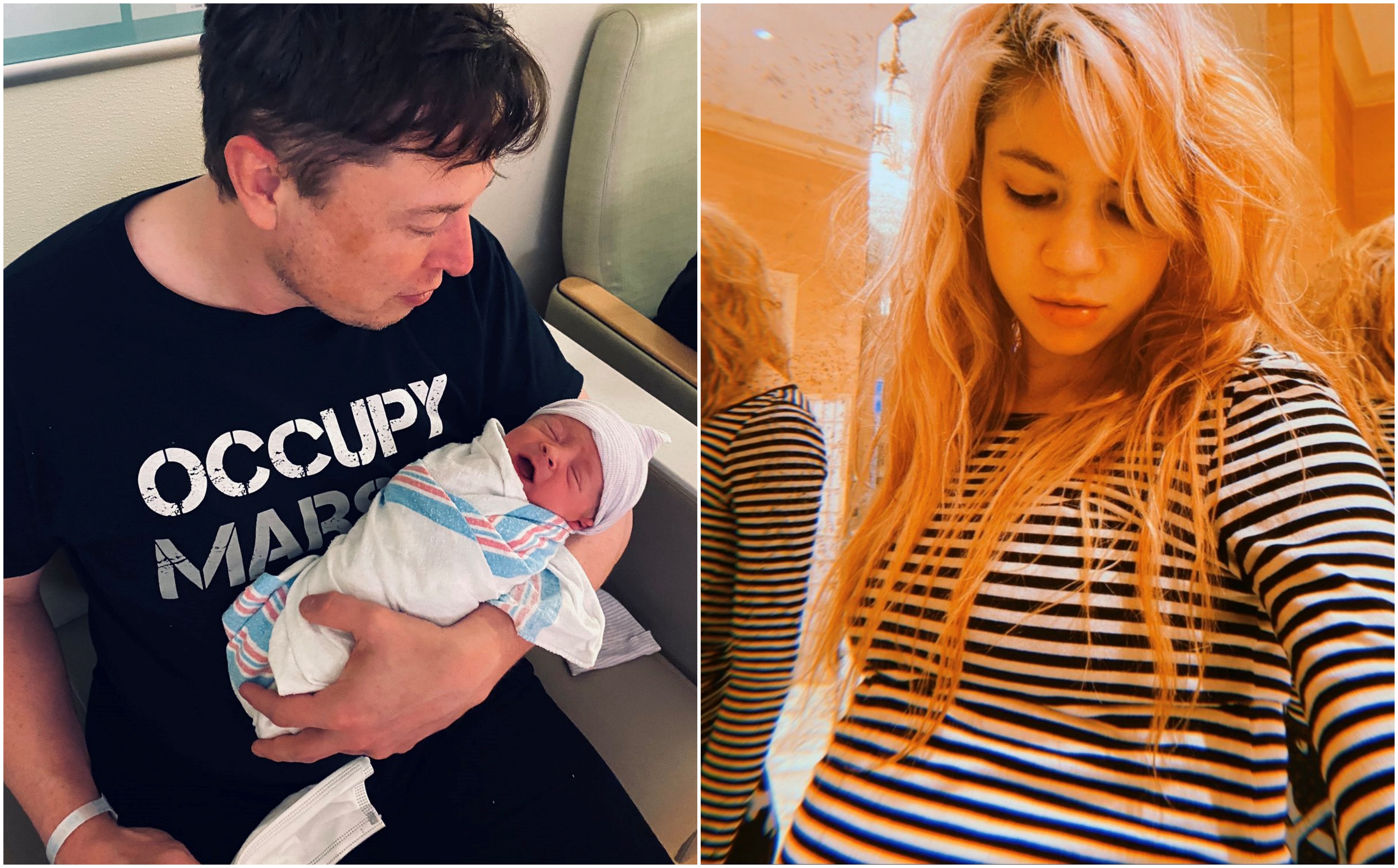 馬斯克抱著與女友Grimes的第1個孩子向大家報平安，身上的T恤還寫著要「攻佔火星」。（翻攝Elon Musk、Grimes推特）