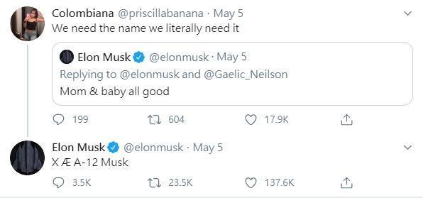 網友問馬斯克幫新生兒取了什麼名字,馬斯克回答一串神祕文字。(翻攝Elon Musk推特)