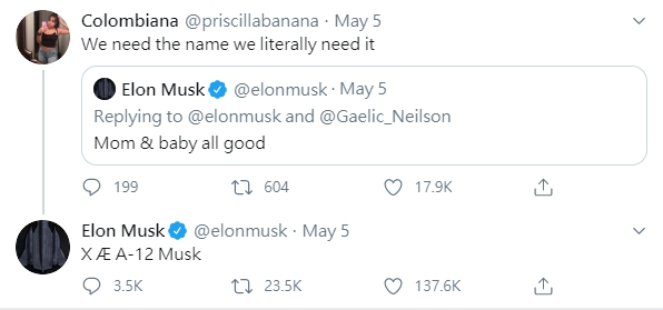 網友問馬斯克幫新生兒取了什麼名字，馬斯克回答一串神祕文字。（翻攝Elon Musk推特）