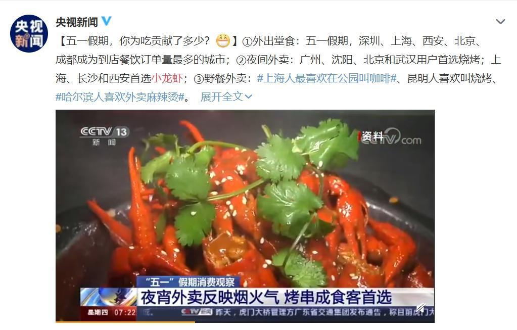 中國連假期間,小龍蝦成為外送平台的熱門餐點之一。(翻攝自微博)