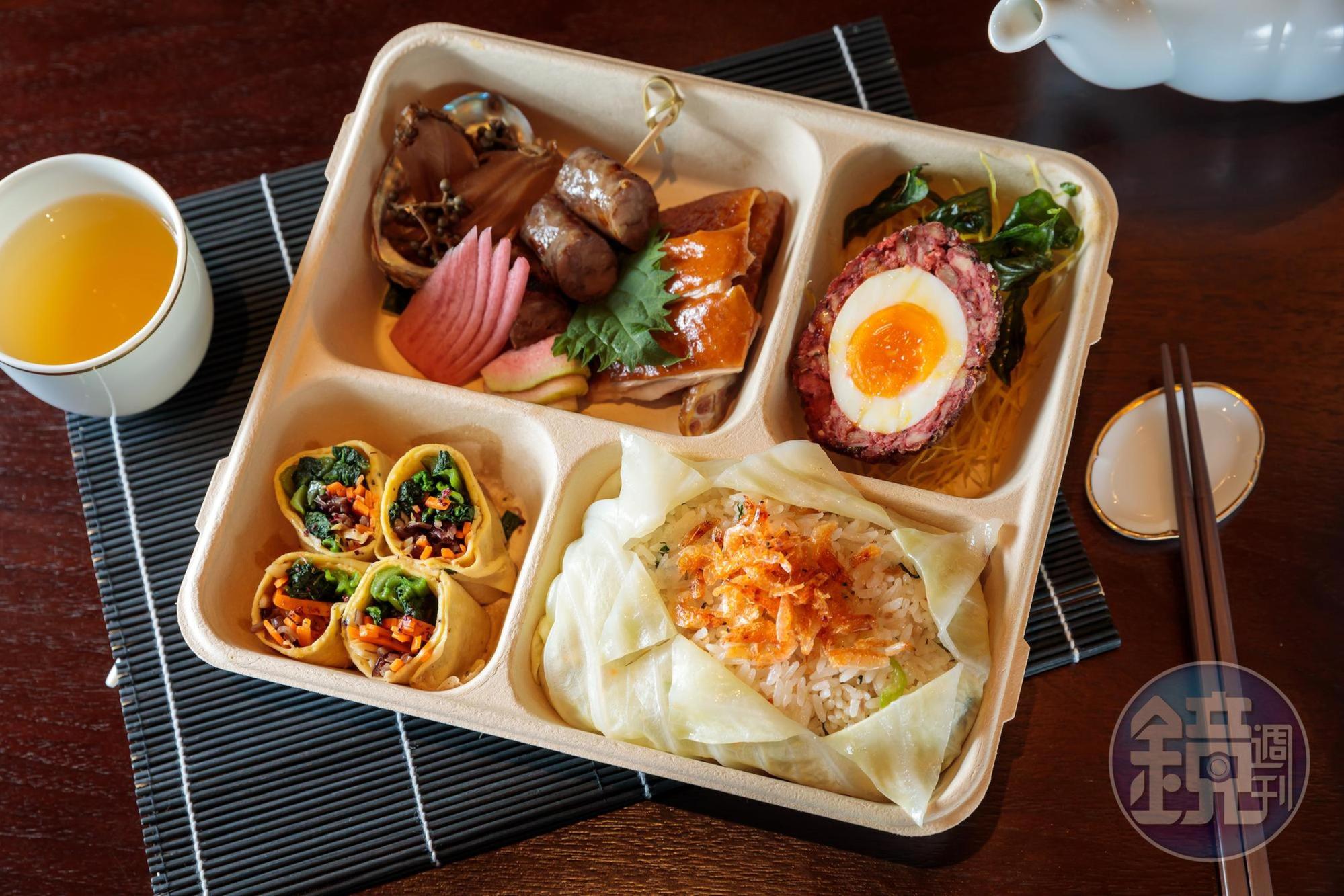 「吉‧星級台式手工精緻餐盒」主食為「櫻花蝦菜飯」及紅糟雞肉裹覆溏心蛋酥炸的「圓滿無缺」。(380元/盒)