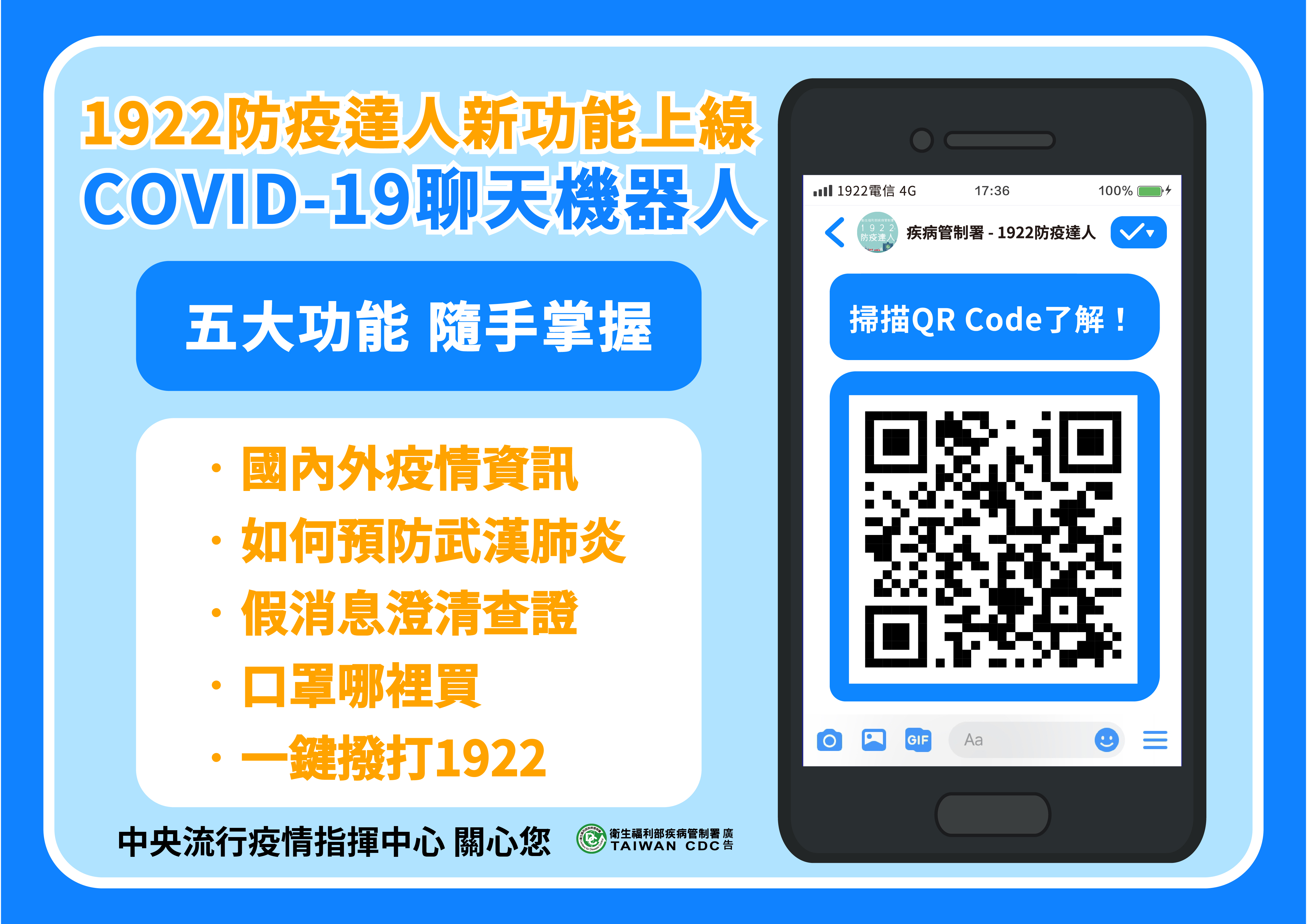 1922防疫達人新功能上線，從Facebook Messenger就能了解包括國內外疫情資訊。（指揮中心提供）