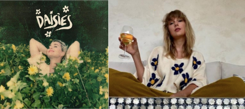 凱蒂佩芮（左）宣布新歌叫〈Daisies〉（雛菊），泰勒絲立刻發布穿著雛菊花樣的上衣，歌迷認為這是暗示兩人的合唱。（翻攝自Katy Perry、Taylor Swift官方Instagram）