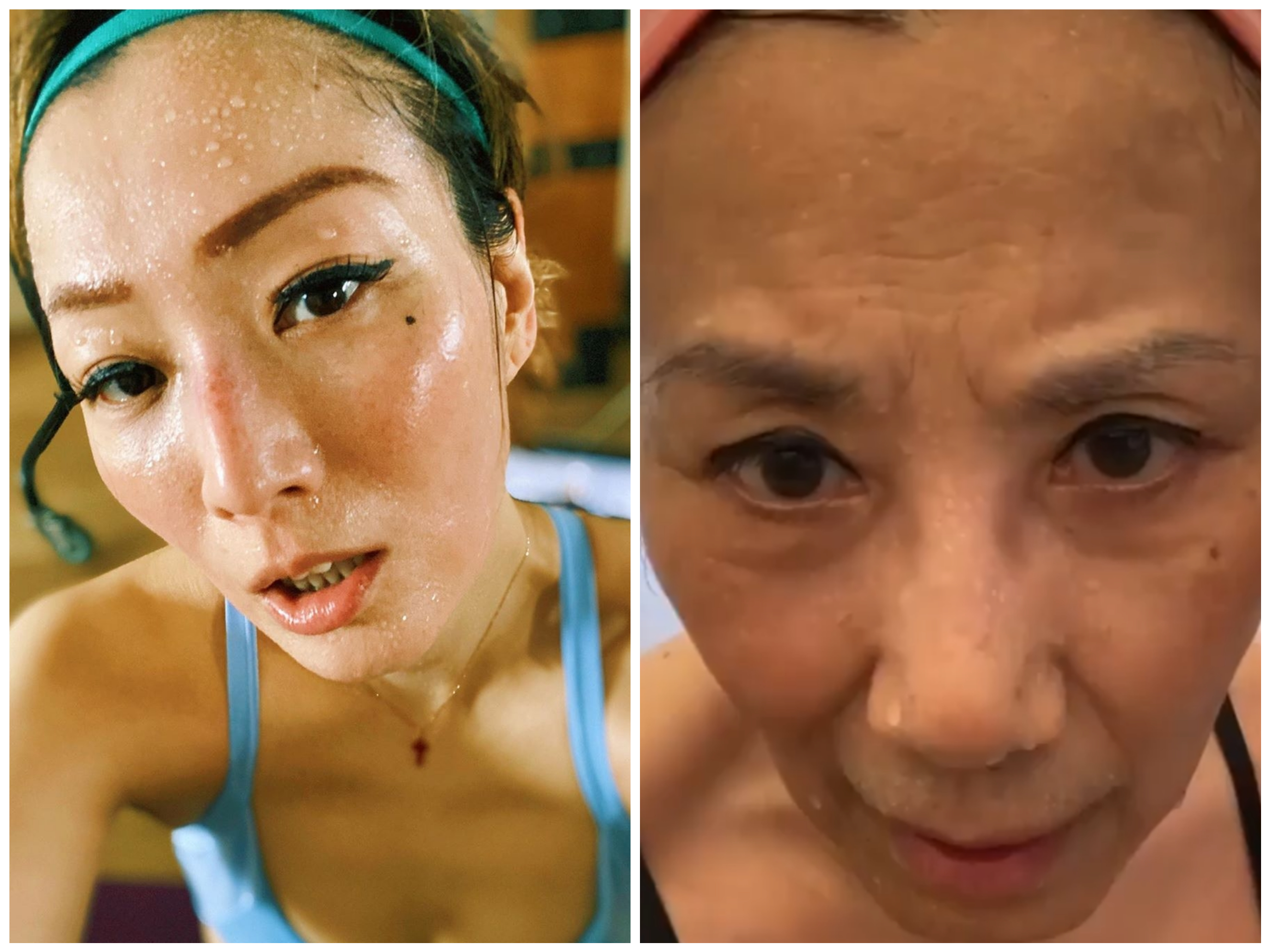 香港演藝界大姐大汪明荃拍片模仿鄭秀文運動完後的爆汗模樣,自稱是「Sammi 2.0」為落敗影后的鄭秀文打氣。(鄭秀文、汪明荃IG)