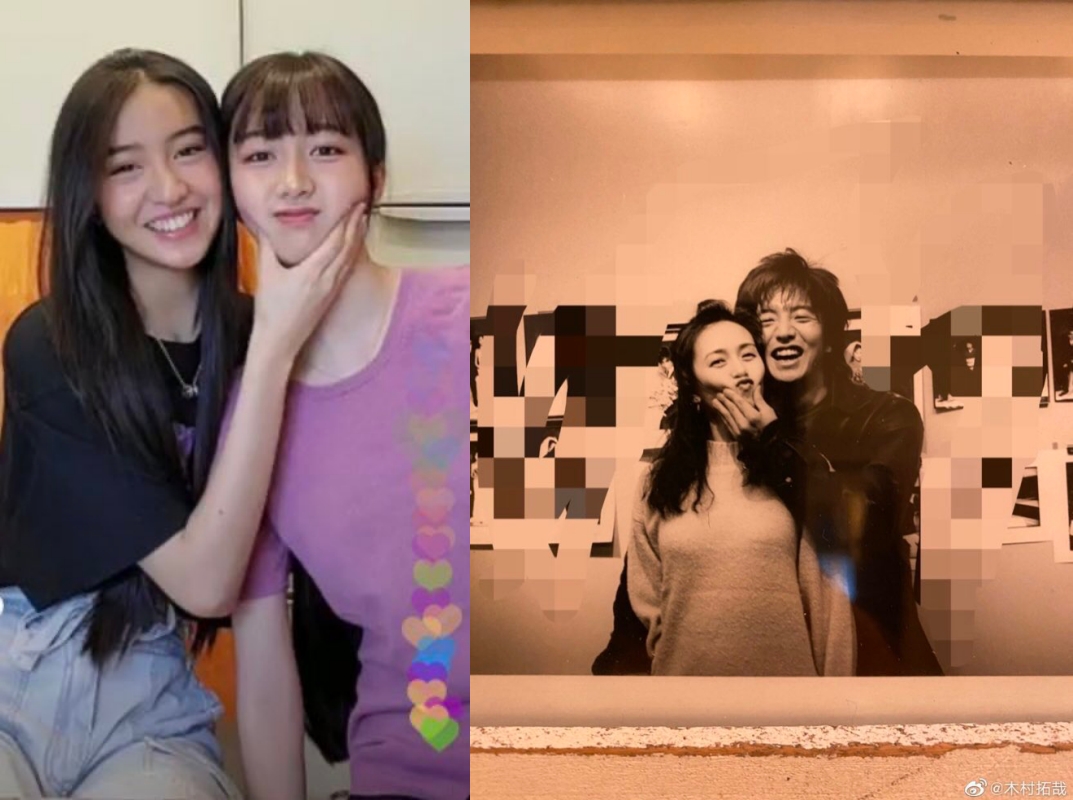 木村光希（左）與心美姊妹倆學爸爸木村拓哉捏工藤靜香的姿勢，果然是一家人。（翻攝光希ig直播、木村拓哉微博）