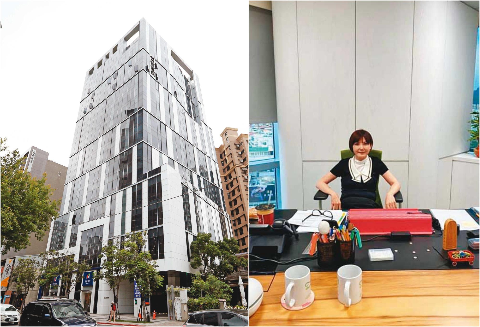 潘修玉傳在公司上班照給朋友,證明她還在職。左為金寶天母辦公室大樓。(讀者提供)