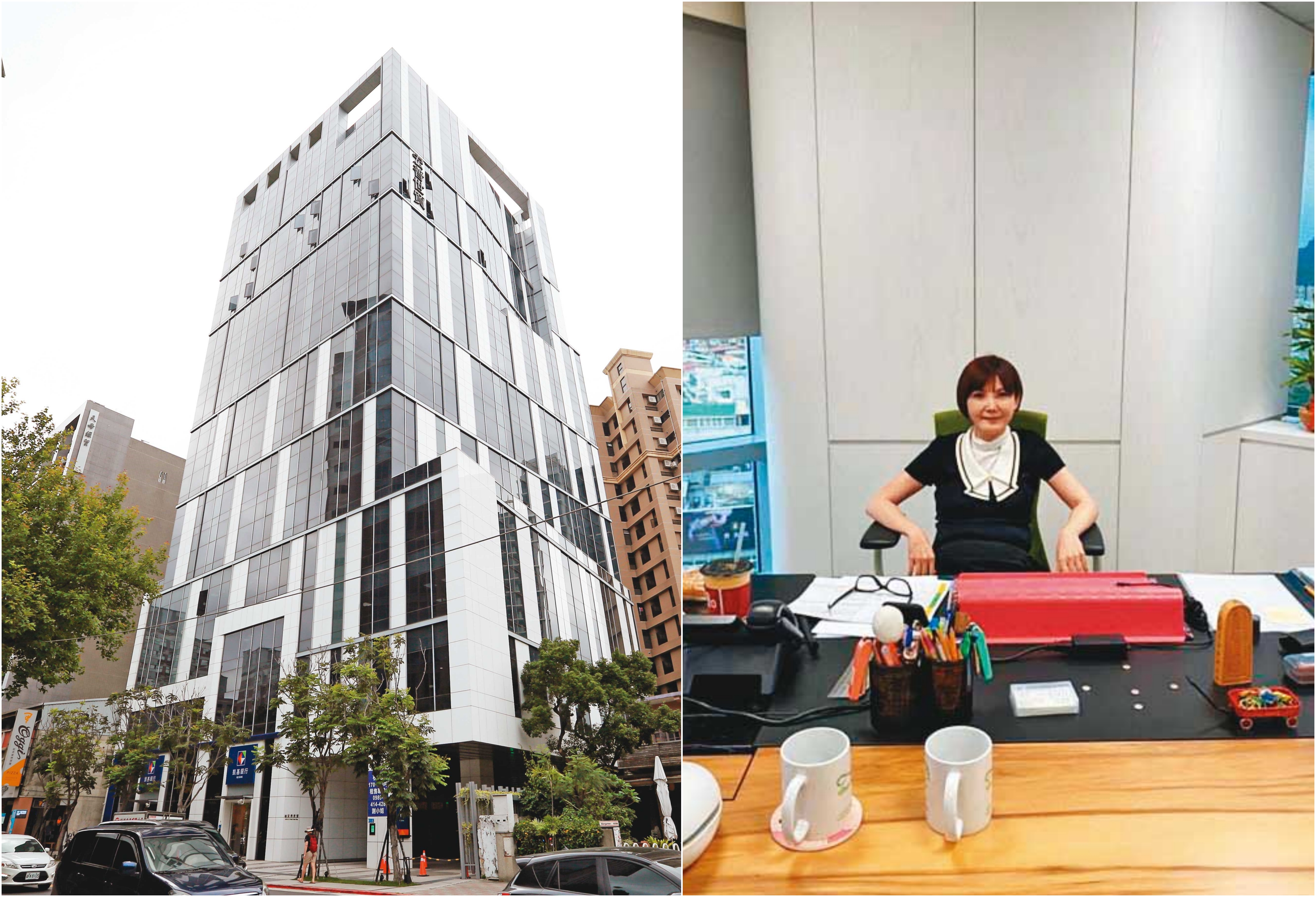 潘修玉傳在公司上班照給朋友,證明她還在職。左為金寶天母辦公室大樓。(讀者提供)