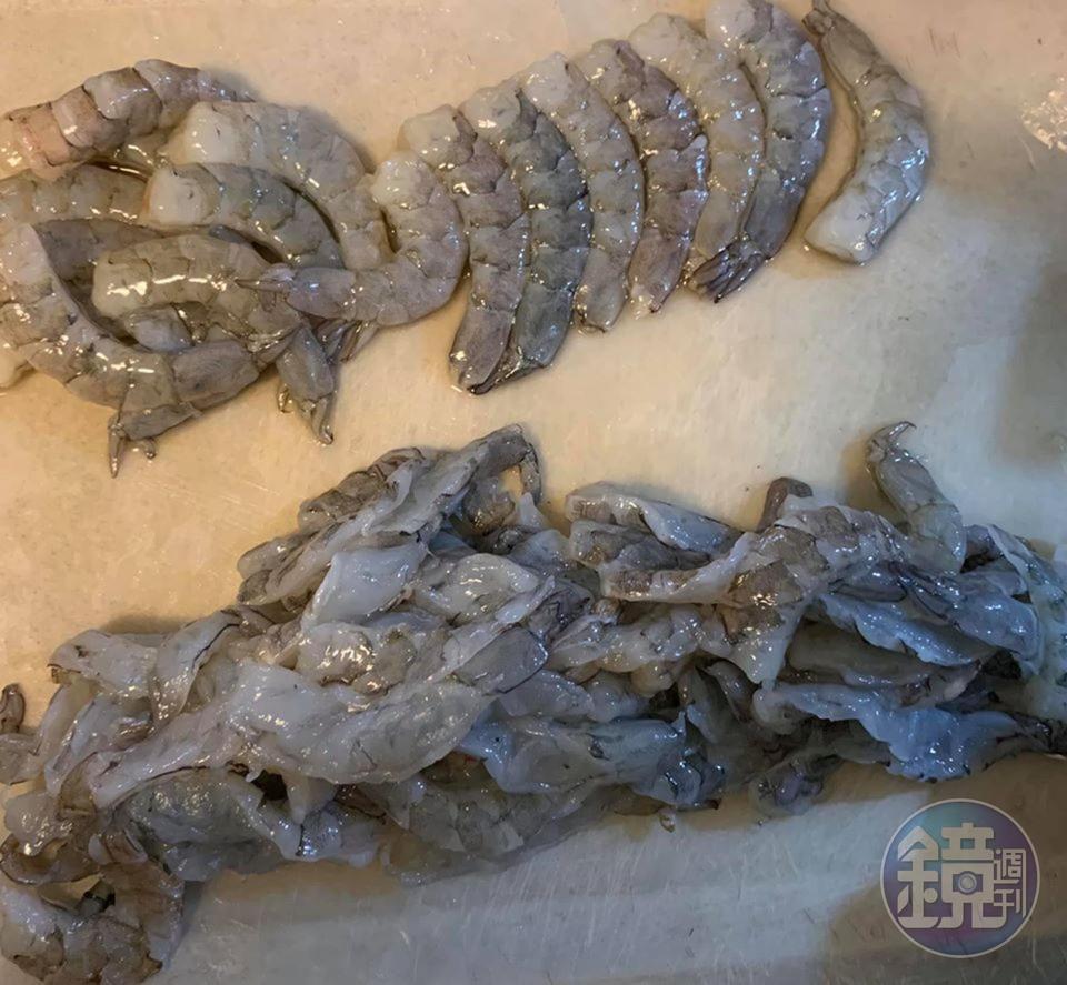 白蝦仁切粒,下方是先平切的蝦仁。