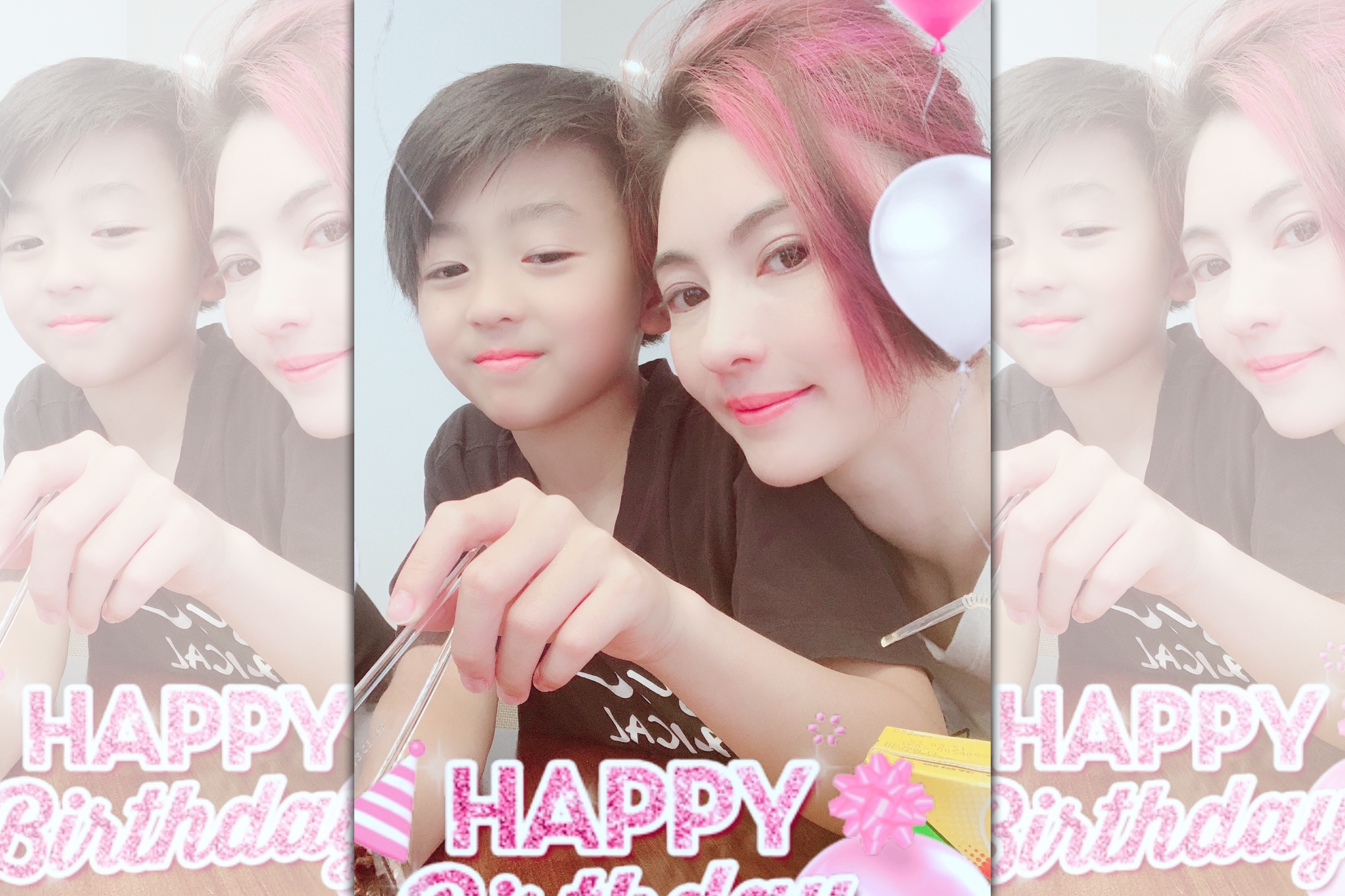 昨天是張栢芝二兒子謝振南10歲生日，一家人在家舉行生日派對，而張栢芝更跟兒子一起切蛋糕。（翻攝自張栢芝微博）