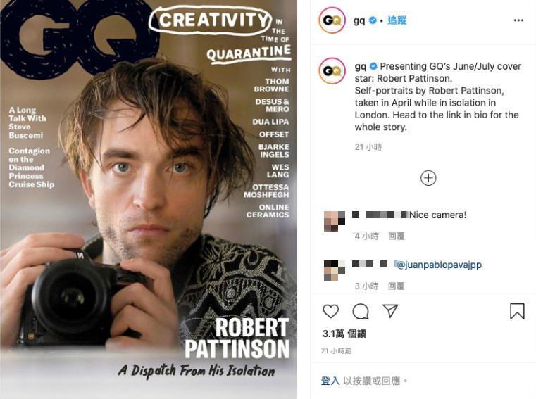 羅伯派汀森登上美版《GQ》雜誌封面,展現居家防疫2個月後,一整個頹廢風。(翻攝自GQ官方Instagram)