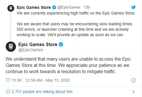 Epic  Games在Twitter緊急表示會搶修商城。（翻攝Twitter）