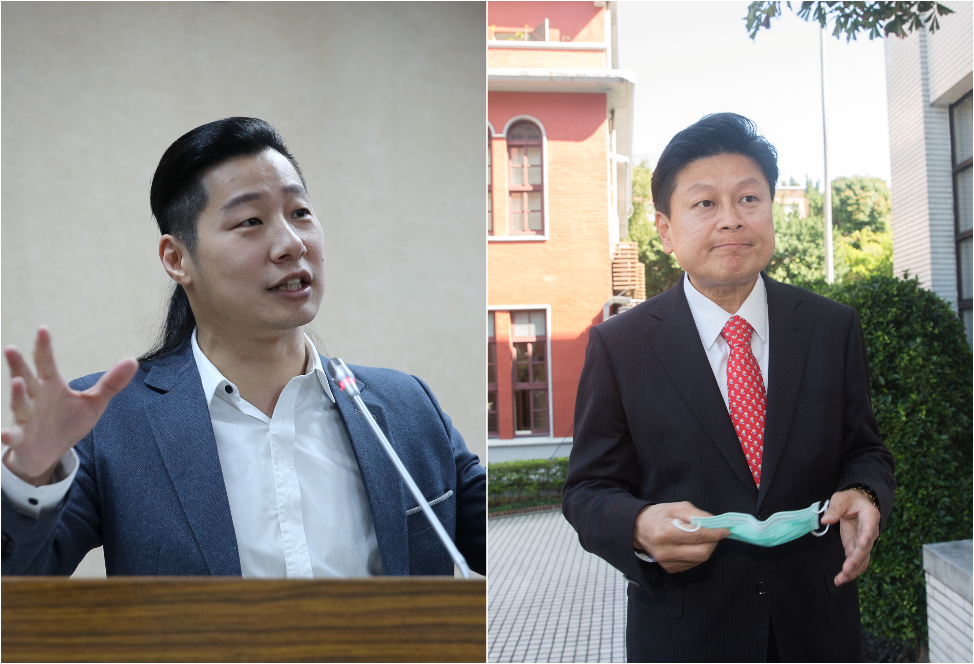 立委林昶佐（左）對於傅崑萁（右）帶職入監一事主張應該修改選罷法。
