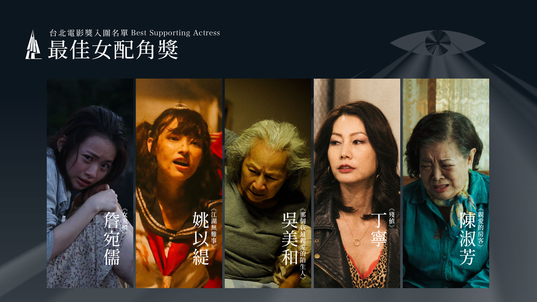 最佳女配角入圍詹宛儒（左起）、姚采穎、吳美和、丁寧、陳淑芳。（台北電影節提供）