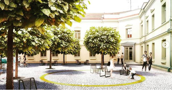 捷克設計公司提出在公共空間畫設「黃圈圈」的防疫作法。(huahuaarchitects Instagram)