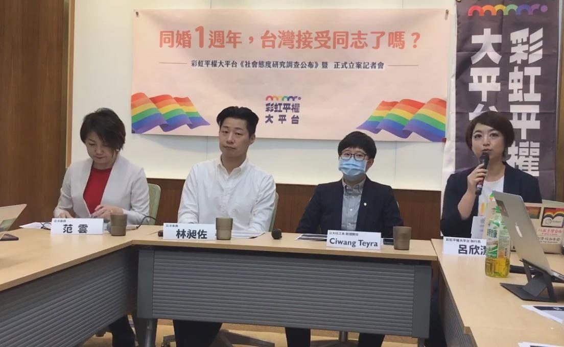 民團「彩虹平權大平台」公布同婚通過一年後,台灣社會接納度的民調結果。(彩虹平權大平台臉書直播)