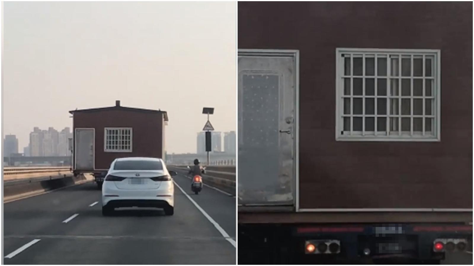 新竹台15西濱路一輛貨車竟載著一間設備相當齊全的「房子」在路上奔馳。(翻攝自《新竹大小事》臉書)