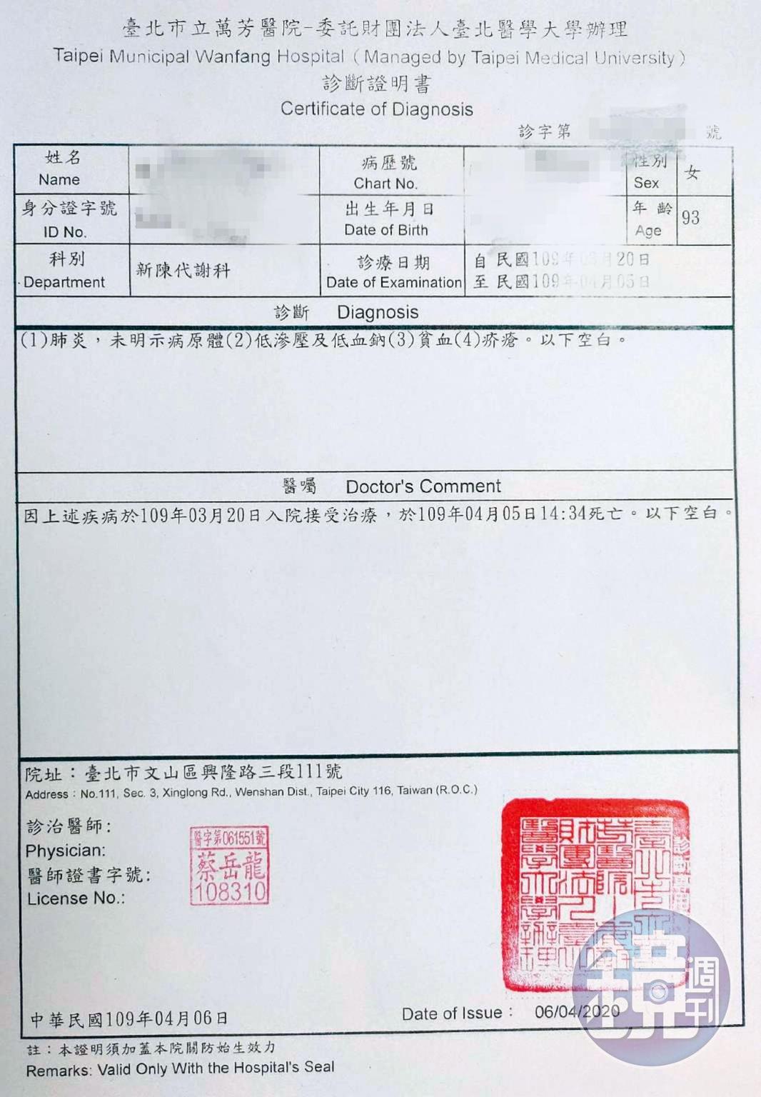 家屬提供診斷證明，指控兆如隱匿老人感染疥瘡的事實。