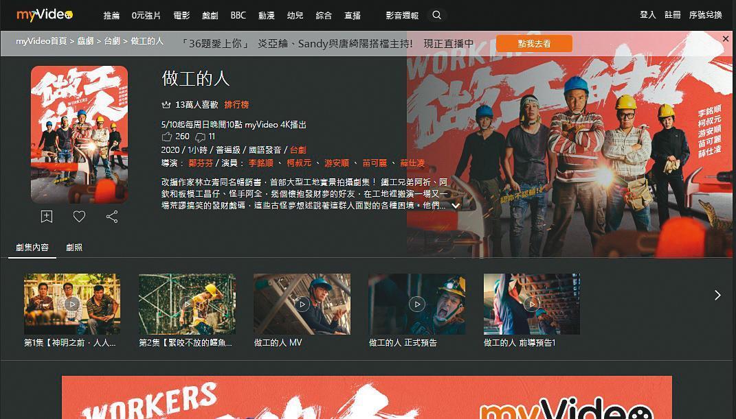 《做工的人》首播為HBO頻道創下破1%收視率,myVideo線上平台也有13萬人表示喜歡。(翻攝自myVideo網站)