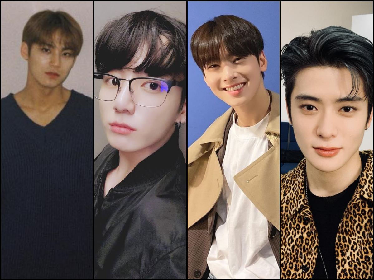 「梨泰院偶像」身分曝光，SEVENTEEN珉奎（左起）、BTS柾國、ASTRO車銀優與NCT在玹。（翻攝珉奎、車銀優、NCT IG、BTS推特）
