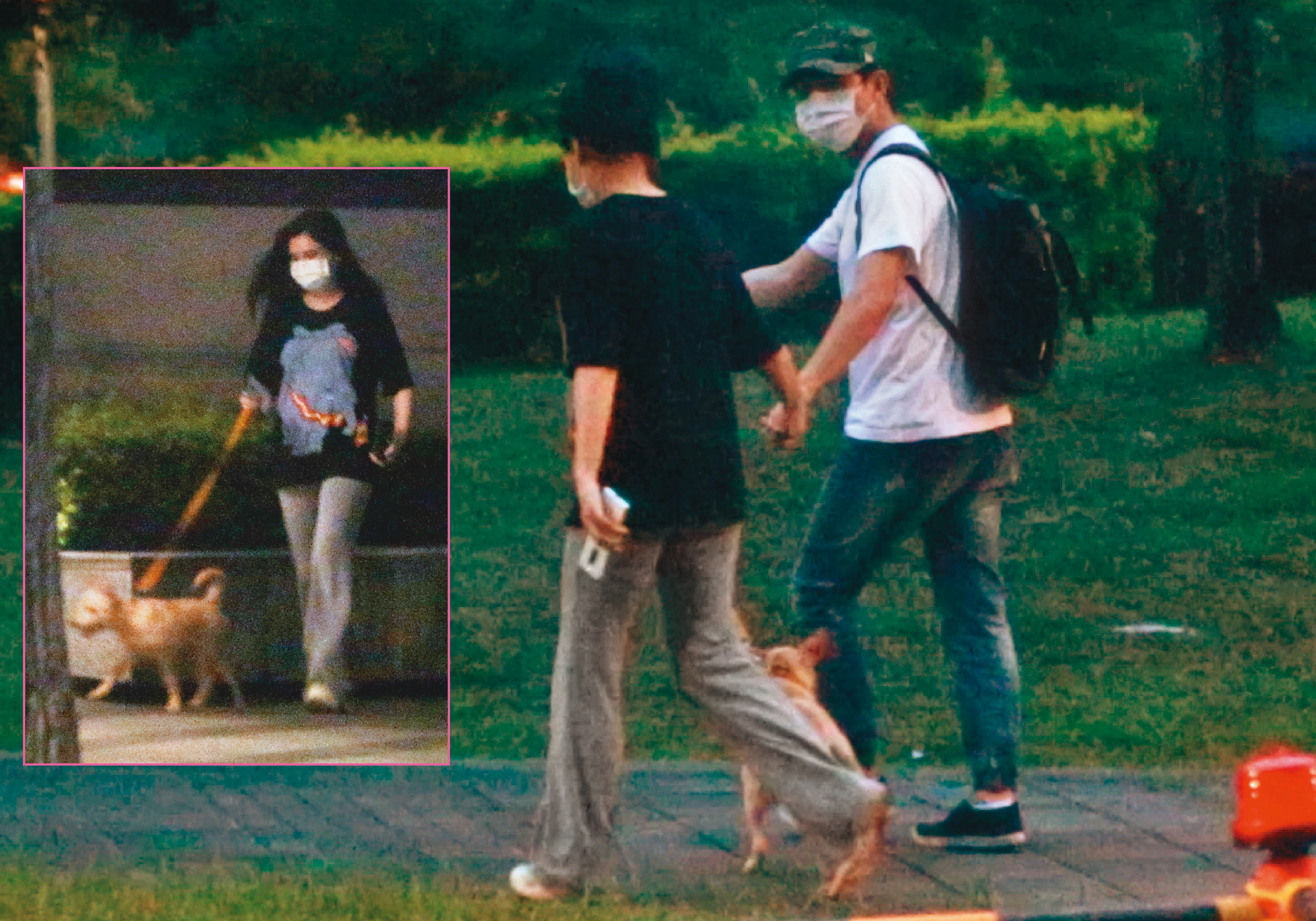 5／11 18：47 孫協志（右）身穿休閒服遛狗，手牽小11歲的緋聞女友夏宇童。遛完狗後，頭髮已放下的夏宇童（左）獨自一人回孫家。