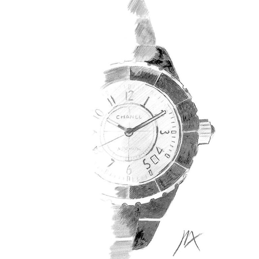 CHANEL前藝術總監Jacques Helleu手繪的J12設計草稿。