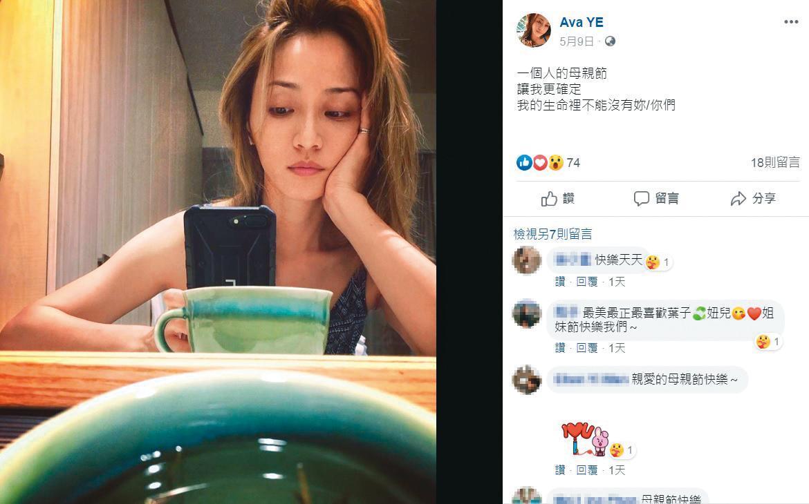 諷刺的是,陳鏞基在外面玩很大的同一天,他的老婆發了張「1個人的母親節」照片。(翻攝自Ava YE臉書)