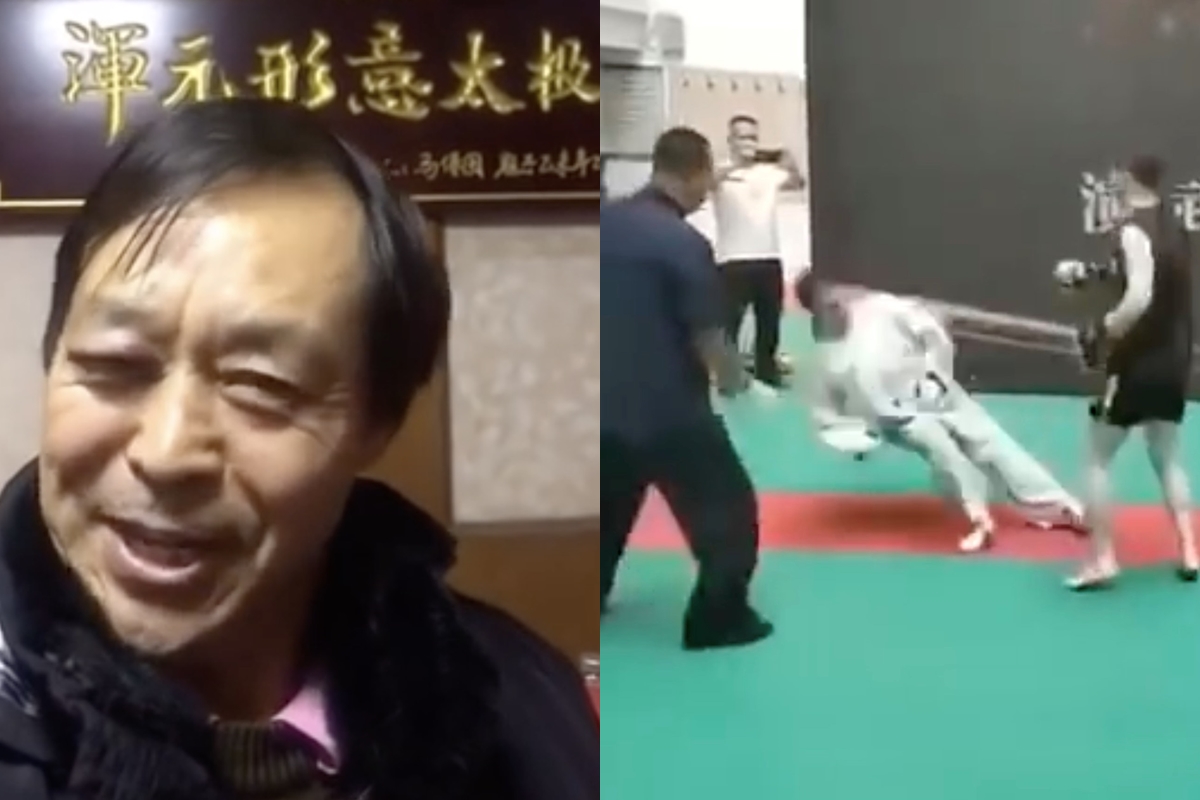 太極老師父被打趴，事後還拍影片澄清「可以把對方鼻子打骨折」。（翻攝「中互聯功夫網」頻道、「它又長又寬你看這個麵」頻道）