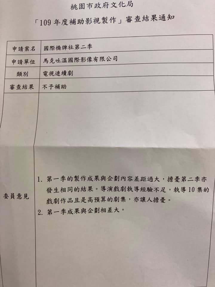 桃園市政府文化局審查後寄出通知,讓汪怡昕很不滿po上臉書。(翻攝自Issac Wang臉書)