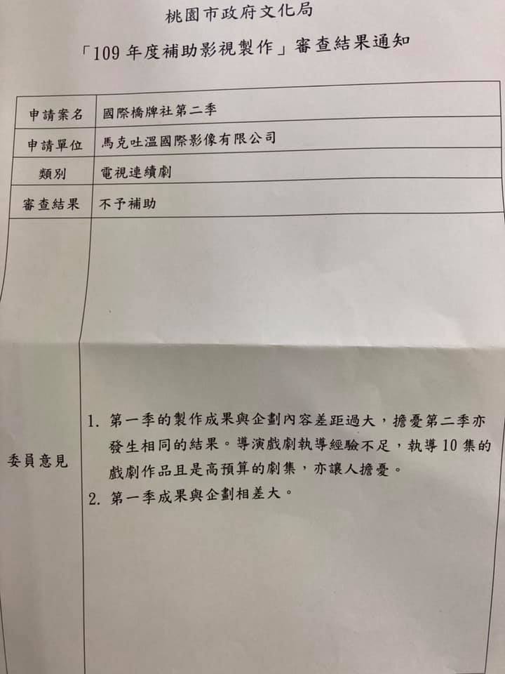 桃園市政府文化局審查後寄出通知，讓汪怡昕很不滿po上臉書。（翻攝自Issac Wang臉書）