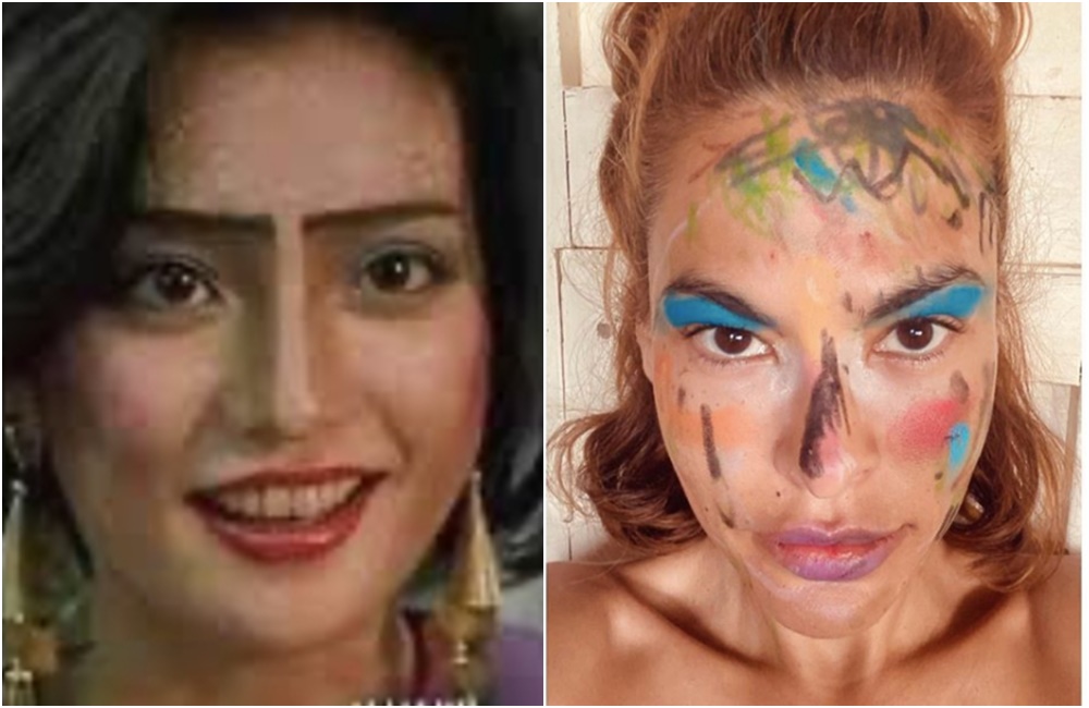 除了眼影還算塗的不錯,伊娃曼德斯整張臉都被塗到好像《少林足球》的阿梅。(翻攝自Eva Mendes官方Instagram、左圖為網路圖片)