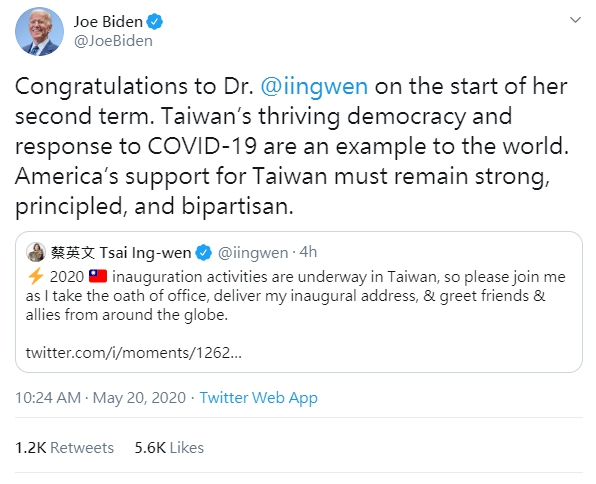 拜登公開轉發蔡英文的就職演說，也祝賀她展開第二任期。（翻攝自推特）