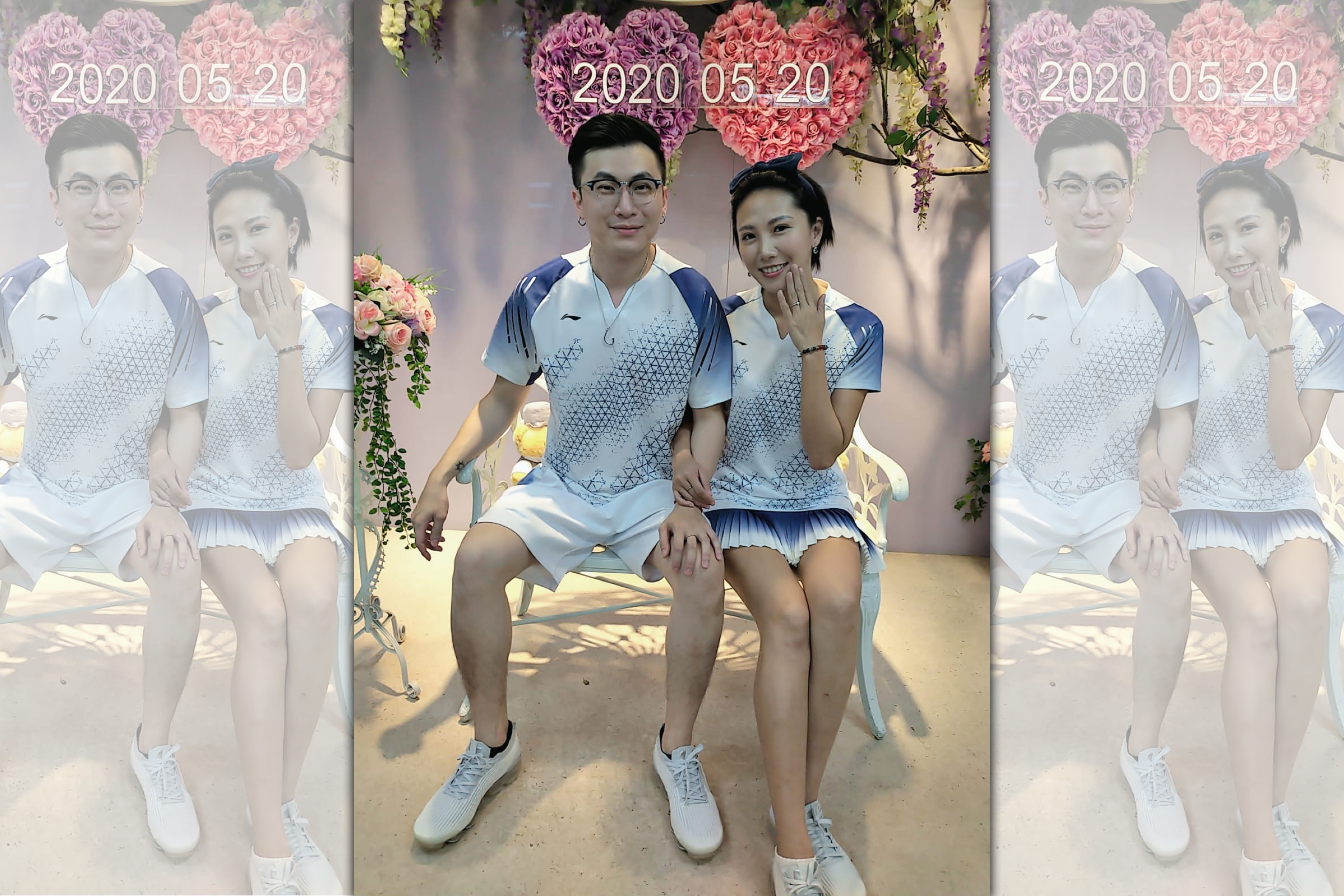 大牙和老公穿著羽球服登記結婚。（經紀人提供）