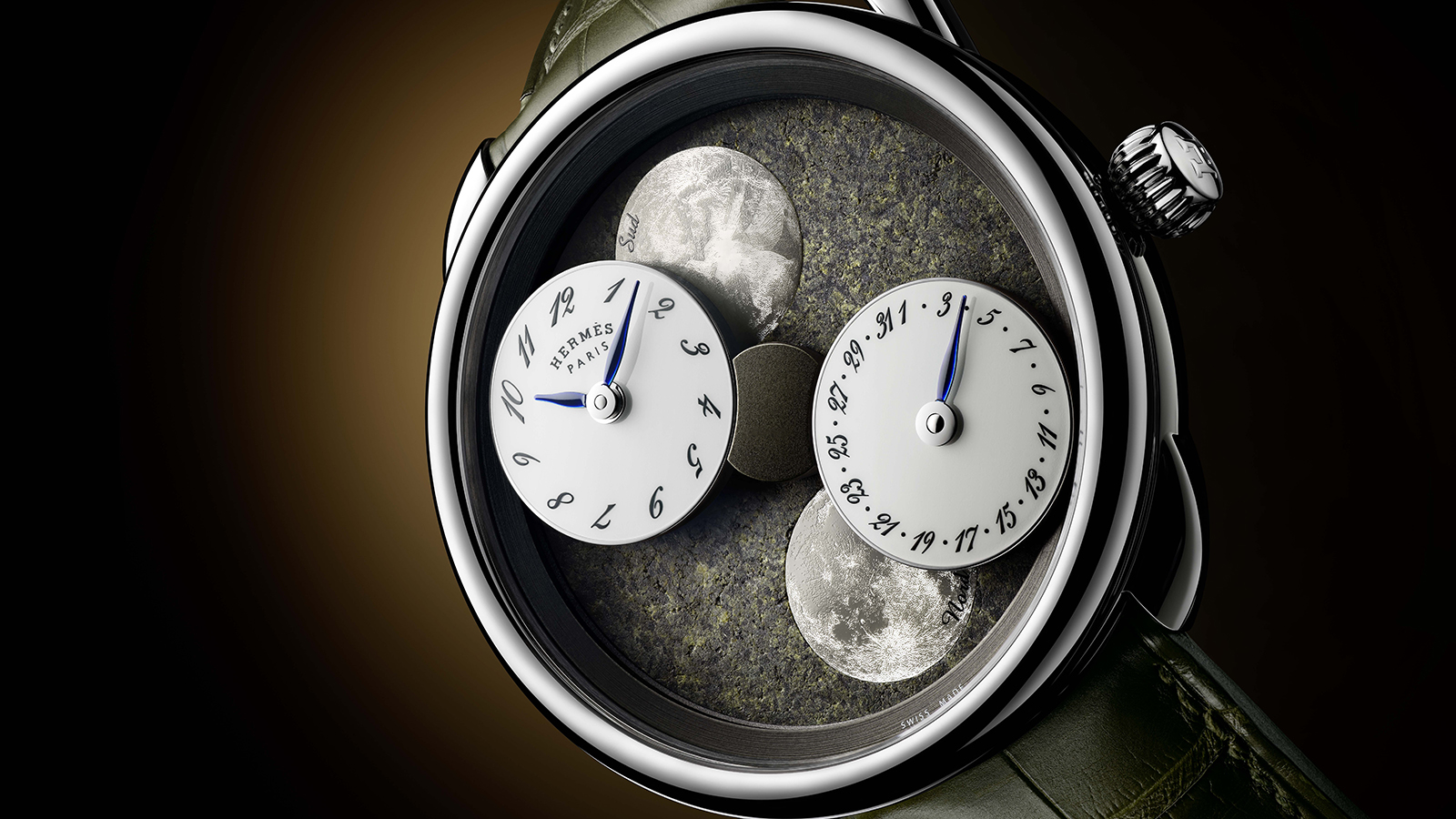 月讀時光火星隕石面盤腕錶 | 錶徑43mm、18K白金材質、H1837自動上鏈機芯、時間與日期及南北半球月相盈虧指示、防水30米、限量2只