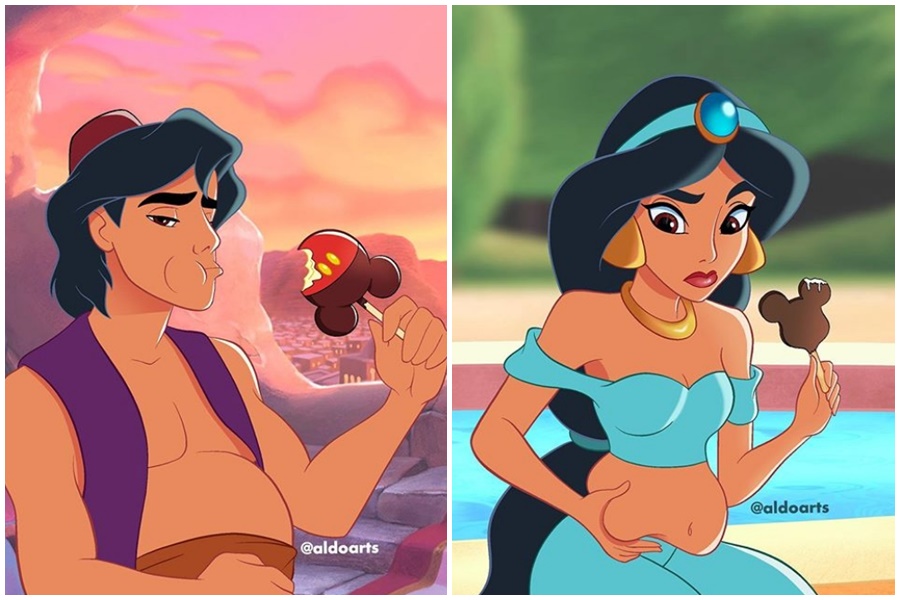 不少人在隔離期間零食不斷往嘴裡塞，肚子那圈肉越來越大，就連阿拉丁與茉莉公主也一樣。（翻攝自@aldoarts Instagram）